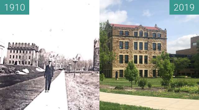 Before-and-after picture of Jayhawk Blvd. between 1910 and 2019-May-02