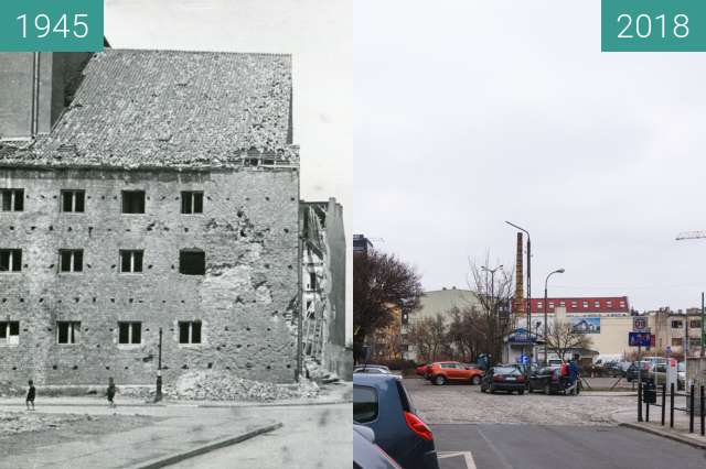 Before-and-after picture of Ulica Żydowska between 1945 and 2018-Mar-15