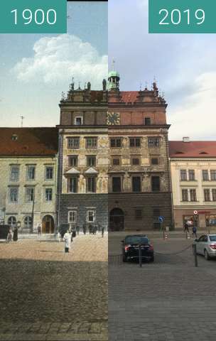 Before-and-after picture of Plzeňská radnice between 1900 and 2019-Mar-07