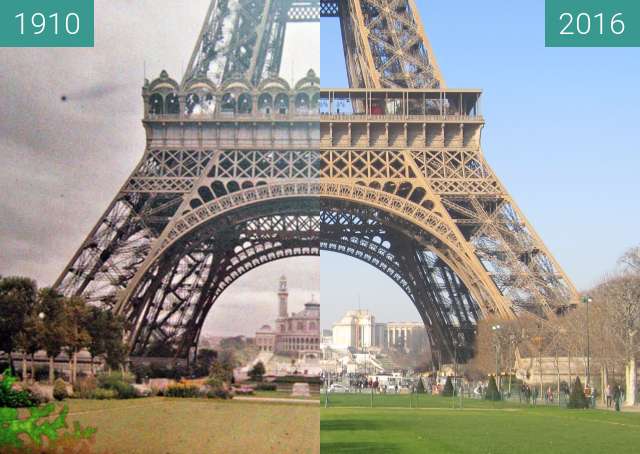 Before-and-after picture of Tour Eiffel/Trocadero between 1910 and 2016-Jan-20