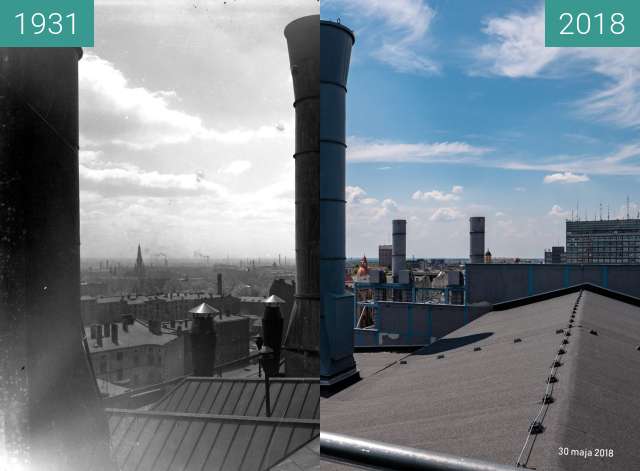 Before-and-after picture of Lodz Electric Power Plant rooftop between 1931-May-08 and 2018-May-30