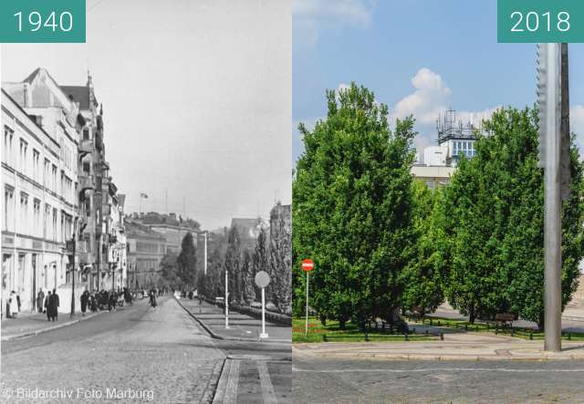 Before-and-after picture of Aleje Marcinkowskiego between 1940 and 2018