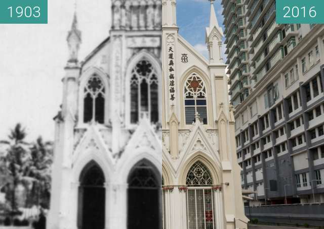 Before-and-after picture of Holy Rosary Church between 1903 and 2016-Jul-29