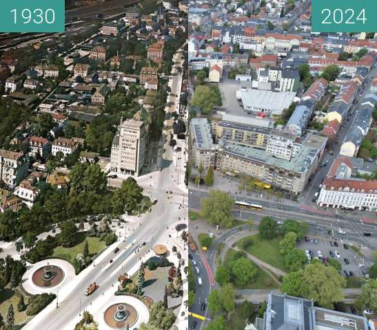 Image avant-après de Albertplatz in Dresden 1932 entre 08.1932 et 22 avr. 2024