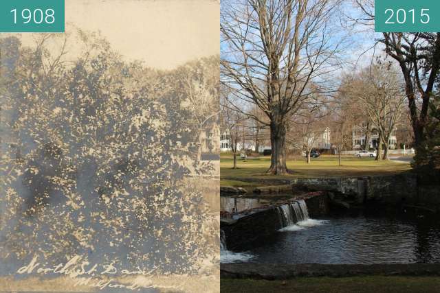 Before-and-after picture of North Street Falls, Milford, Connecticut, USA between 1908 and 2015