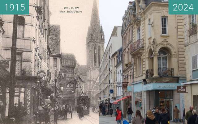 Before-and-after picture of Rue Saint-Pierre between 1915 and 11/2024