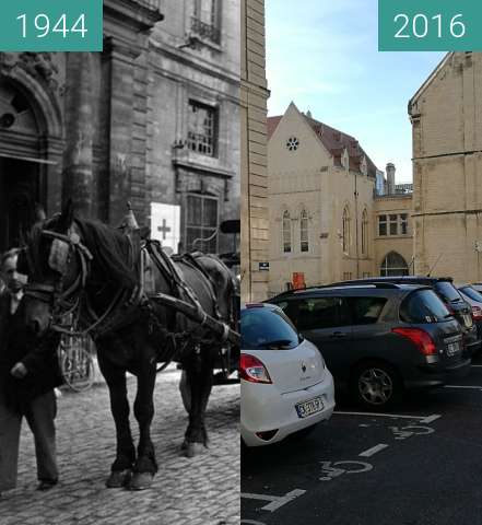 Vorher-Nachher-Bild von Pferdekarren mit Lebensmitteln vor der Abtei zwischen 10.07.1944 und 30.10.2016