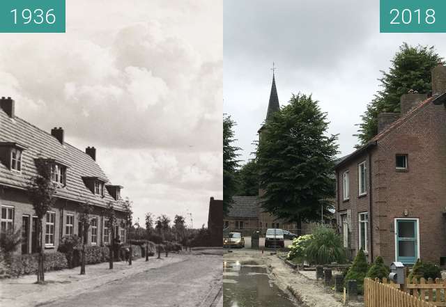 Before-and-after picture of The Torenstraat in the village of Middenmeer between 1936 and 2018-Jun-19