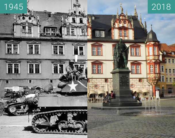 Vorher-Nachher-Bild von Rathaus Coburg zwischen 25.04.1945 und 19.06.2018