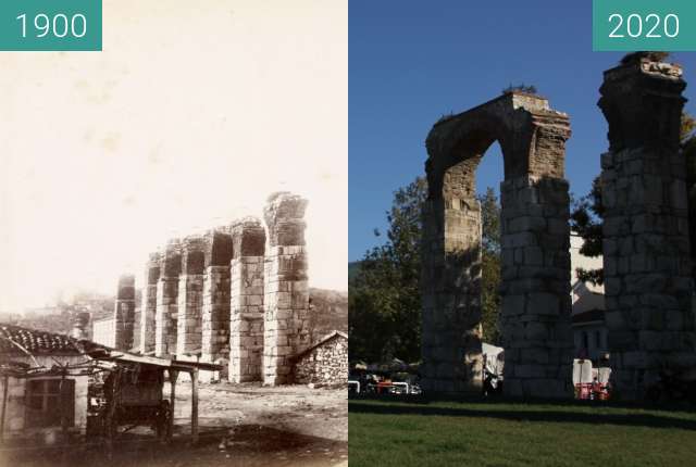 Before-and-after picture of Selçuk Byzantine Aqueduct between 1870 and 2020-Oct-10