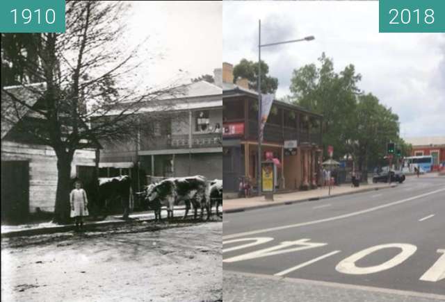 Before-and-after picture of Red Cow Hotel, Penrith between 1910 and 2018-Jan-28