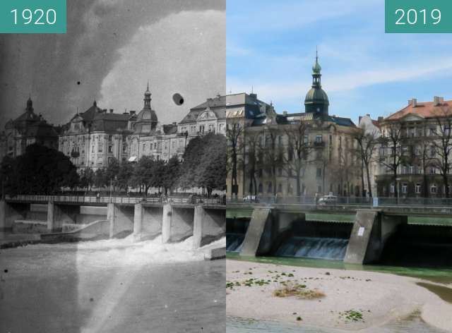 Before-and-after picture of Der Wehrsteg über die Isar in München between 1920 and 2019-Mar-22