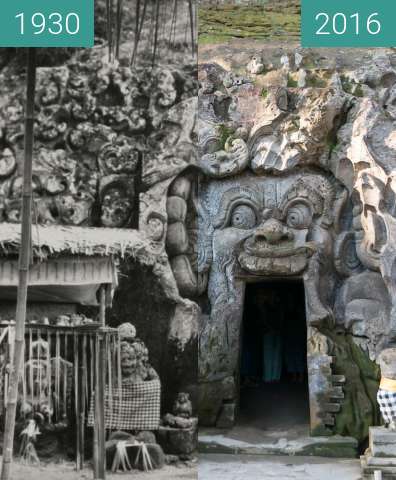 Vorher-Nachher-Bild von Bestattungsszene an der Goa Gajah Höhle zwischen 1930 und 09.06.2016