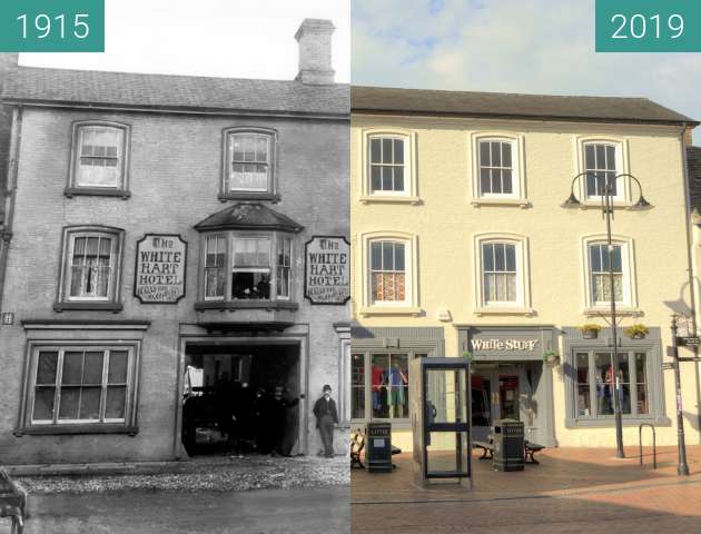 Before-and-after picture of The White Hart Hotel between 1915 and 2019-Jun-20