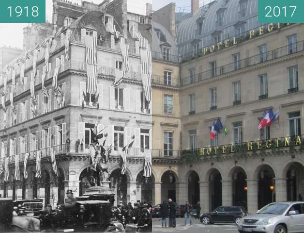 Before-and-after picture of Place des Pyramides between 1918-Nov-11 and 2017-May-01