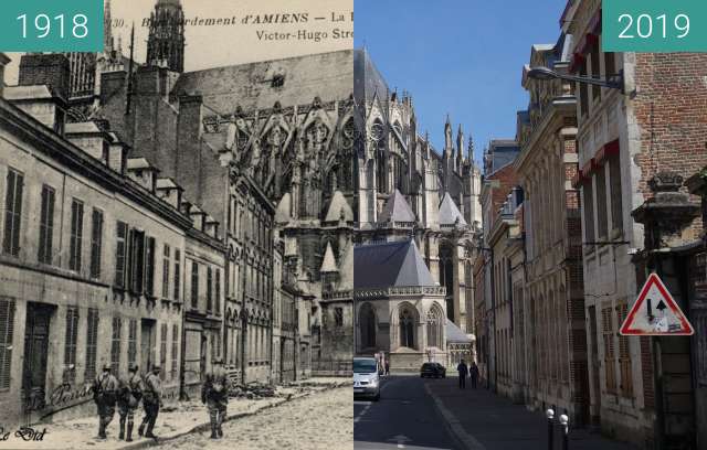 Before-and-after picture of Rue Victor Hugo between 1918 and 2019-May-13