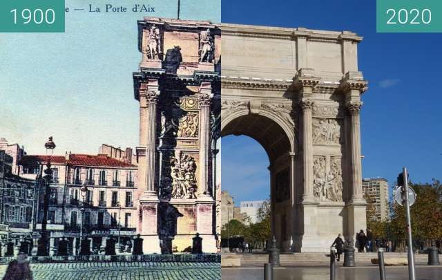 Before-and-after picture of Porte d'Aix between 1900 and 10/2020