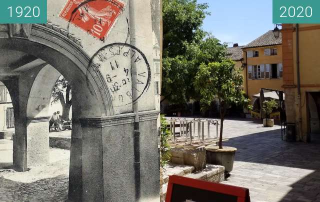 Before-and-after picture of Place des arcades Valbonne mai 2020 between 1920 and 2020-May-05