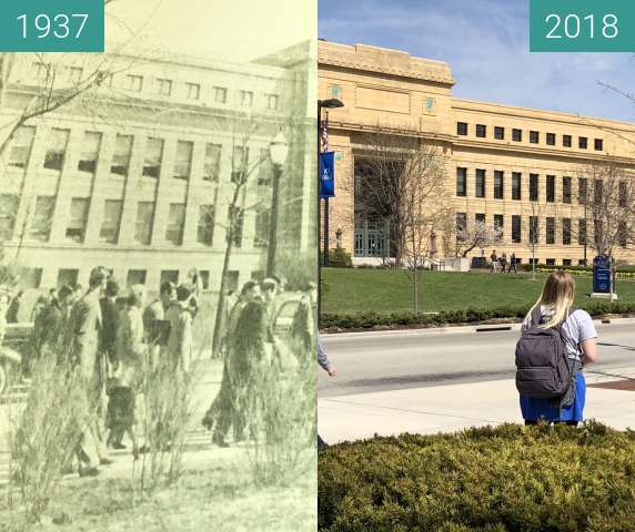 Before-and-after picture of Strong Hall between 1937 and 2018-Apr-17