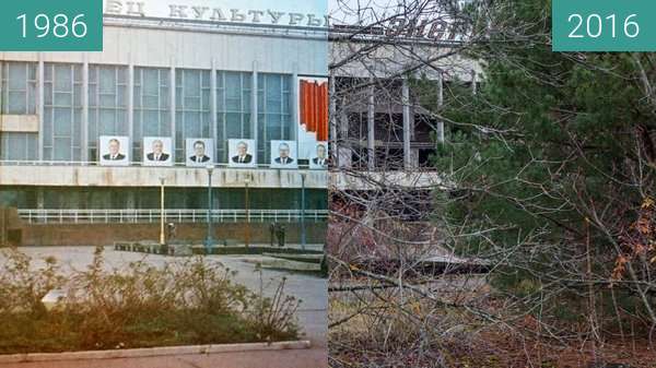 Image avant-après de Pripyat, Rajon Tschornobyl, Ukraine entre 1986 et 2016