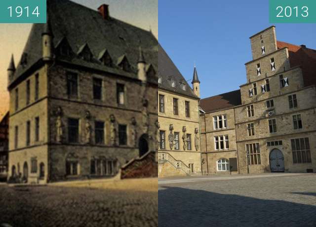 Before-and-after picture of Das Osnabrücker Rathaus between 1914 and 2013-Jul-23