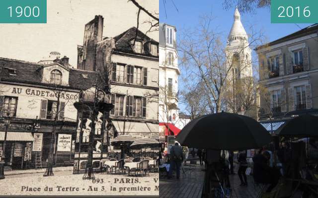 Before-and-after picture of Place du Tertre between 1900 and 2016-Jan-21