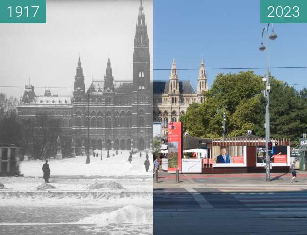 Vorher-Nachher-Bild von Wiener Rathaus zwischen 27.12.1917 und 08.2023