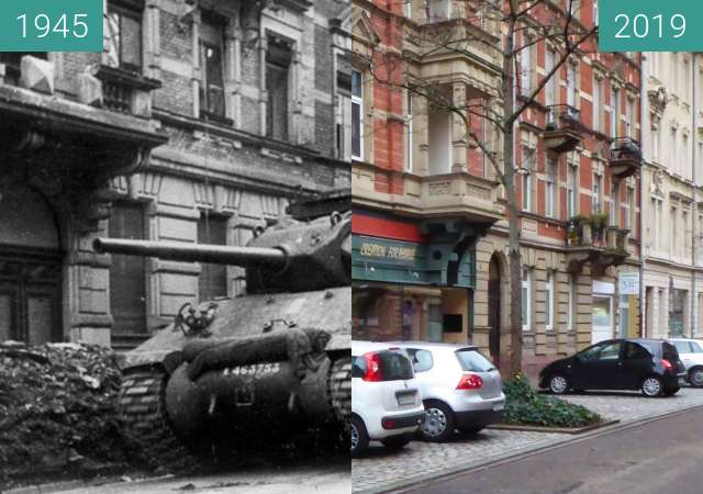 Before-and-after picture of Karlsruhe between 04/1945 and 2019-Jan-10