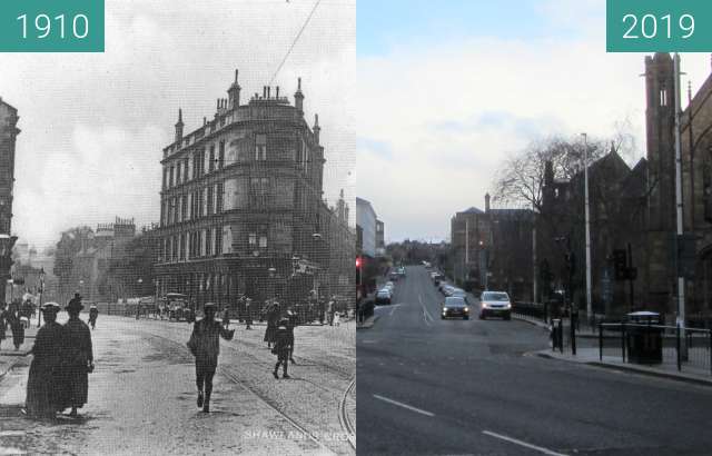 Before-and-after picture of Shawlands Cross between 1910 and 2019-Mar-24