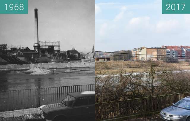 Before-and-after picture of Warta river between 1968-Jan-29 and 2017-Feb-19