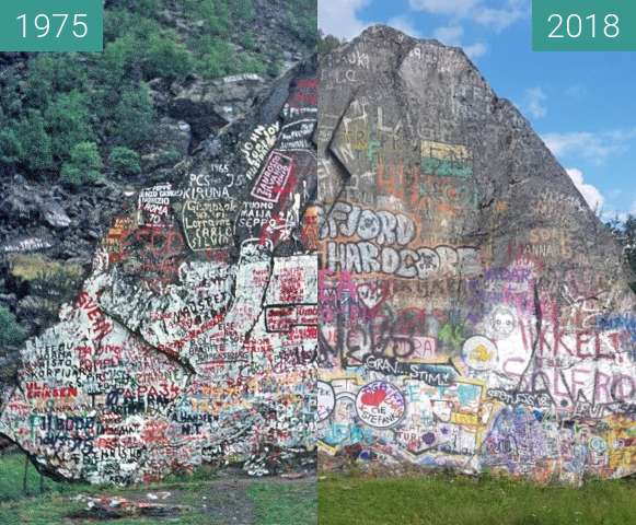 Before-and-after picture of Piggsteinen between 1975-Aug-01 and 2018-Jul-15