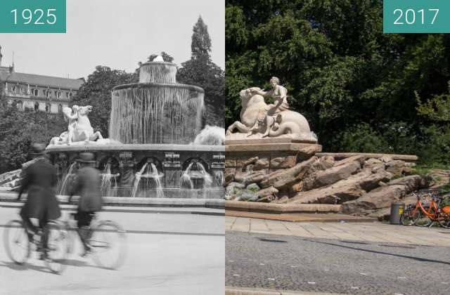 Before-and-after picture of Wittelsbacher Brunnen  München between 1925 and 2017-Aug-05