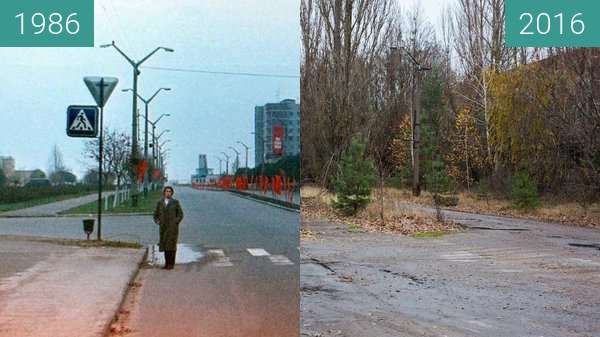 Vorher-Nachher-Bild von Pripyat, Rajon Tschornobyl, Ukraine zwischen 1986 und 2016