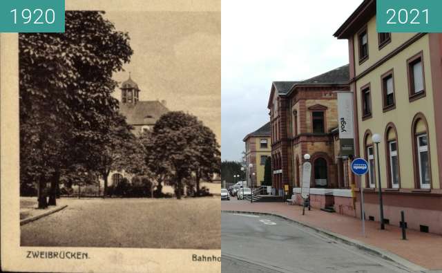 Before-and-after picture of Bahnhof Zweibrücken between 1920 and 2021-Jan-02