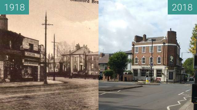 Before-and-after picture of Stamford brook corner between 1918 and 2018