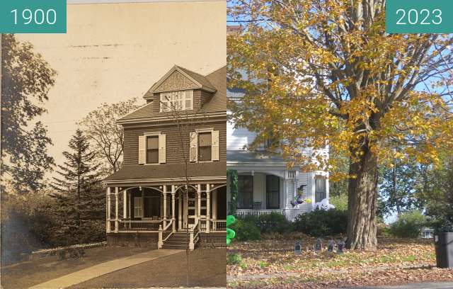 Before-and-after picture of Frank B. Mathews House High Street Belfast, Maine between 1900 and 2023-Oct-24