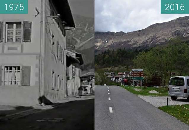 Before-and-after picture of V Breginju pri cerkvi pred potresom 1976 in danes between 1975 and 2016