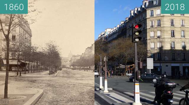 Before-and-after picture of Avenue des Gobelins between 1860 and 2018-Feb-07