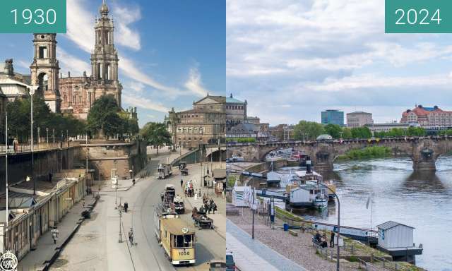 Vorher-Nachher-Bild von Brühlsche Terasse und Terrassenufer in Dresden zwischen 07.1928 und 22.04.2024