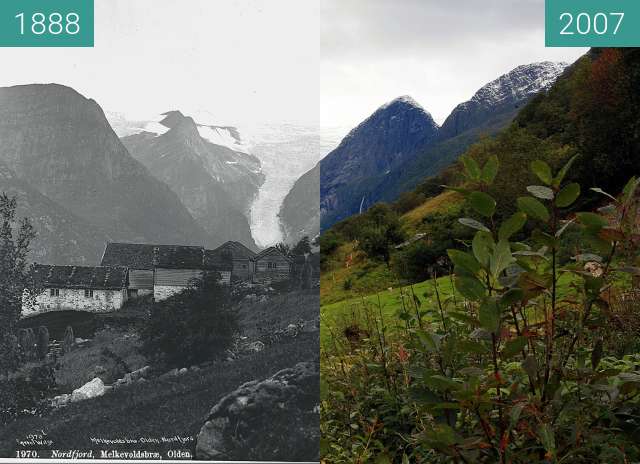 Image avant-après de Melkevollbreen Glacier entre 1888 et 2007