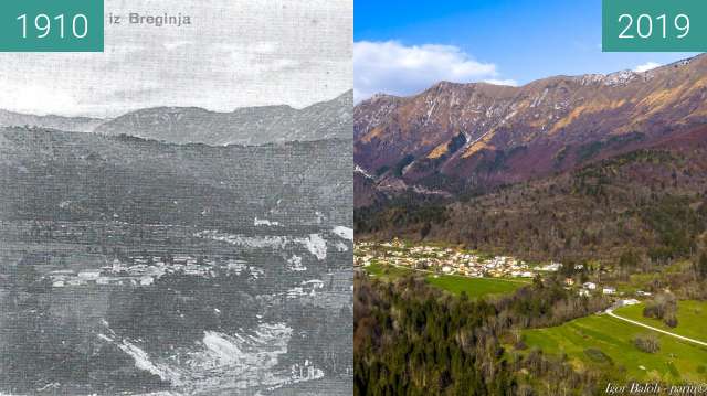 Before-and-after picture of Breginj 1910 and today between 1910 and 2019