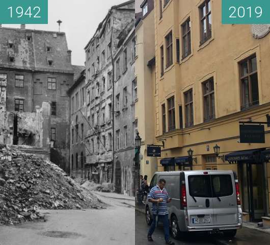 Before-and-after picture of Downton Munich after allied bombing in WW II between 1942 and 2019-Aug-20