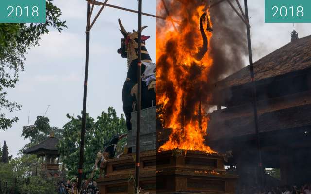 Before-and-after picture of Royal Cremation Ceremony (Pelebon) in Ubud, Bali between 2018-Mar-02 and 2018-Mar-02