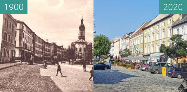 Before-and-after picture of Stadtplatz Traunstein between 1900 and 2020-Sep-13