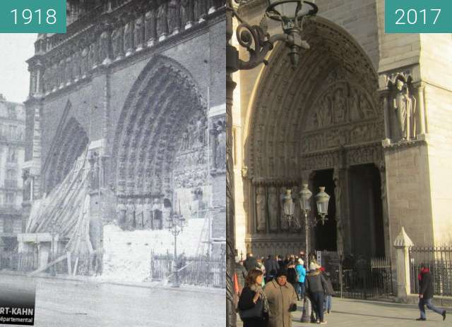 Before-and-after picture of Notre-Dame between 1918-Dec-09 and 2017-Dec-16