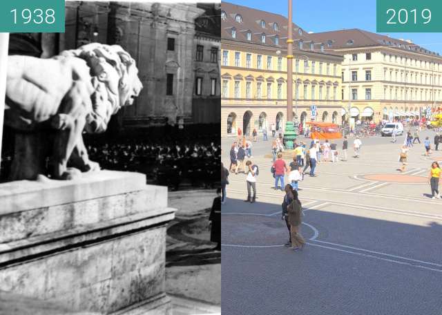 Before-and-after picture of Odeonsplatz: damals Soldaten, heute Touristen between 1938-Nov-10 and 2019-Sep-04