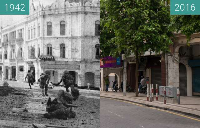 Before-and-after picture of Japanese troops advancing through Kuala Lumpur between 1942-Jan-11 and 2016-Jul-17