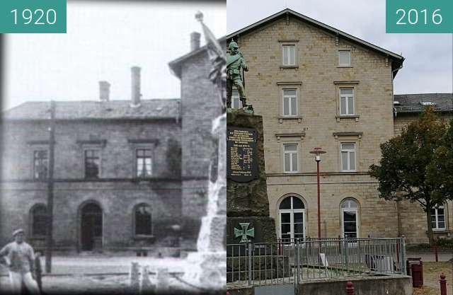 Vorher-Nachher-Bild von Kriegerdenkmal vor dem Monsheimer Bahnhof zwischen 1920 und 10.10.2016