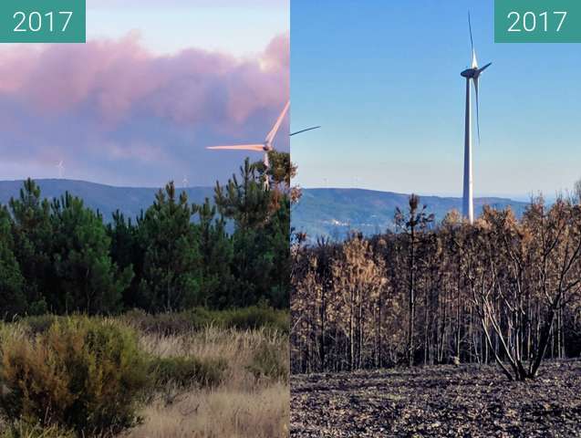 Vorher-Nachher-Bild von Windräder vor und nach einem Waldbrand zwischen 23.08.2017 und 19.11.2017