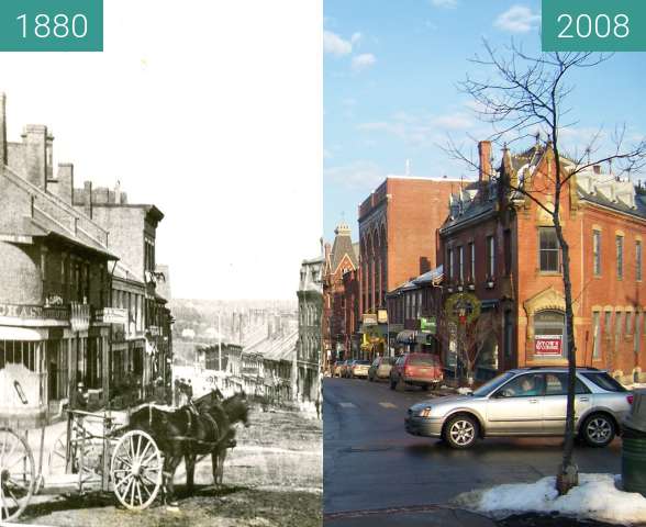 Before-and-after picture of Belfast, Maine: Down town, Maine Street between 1880 and 2008-Jan-08